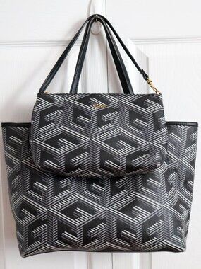 Guess Vikky G Cube Logo Shopper Tote Bag w/ Matching Purse Black & Gray